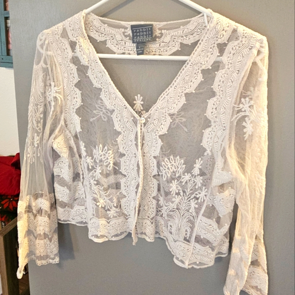 White Lace Crop Cover-up, Size Large